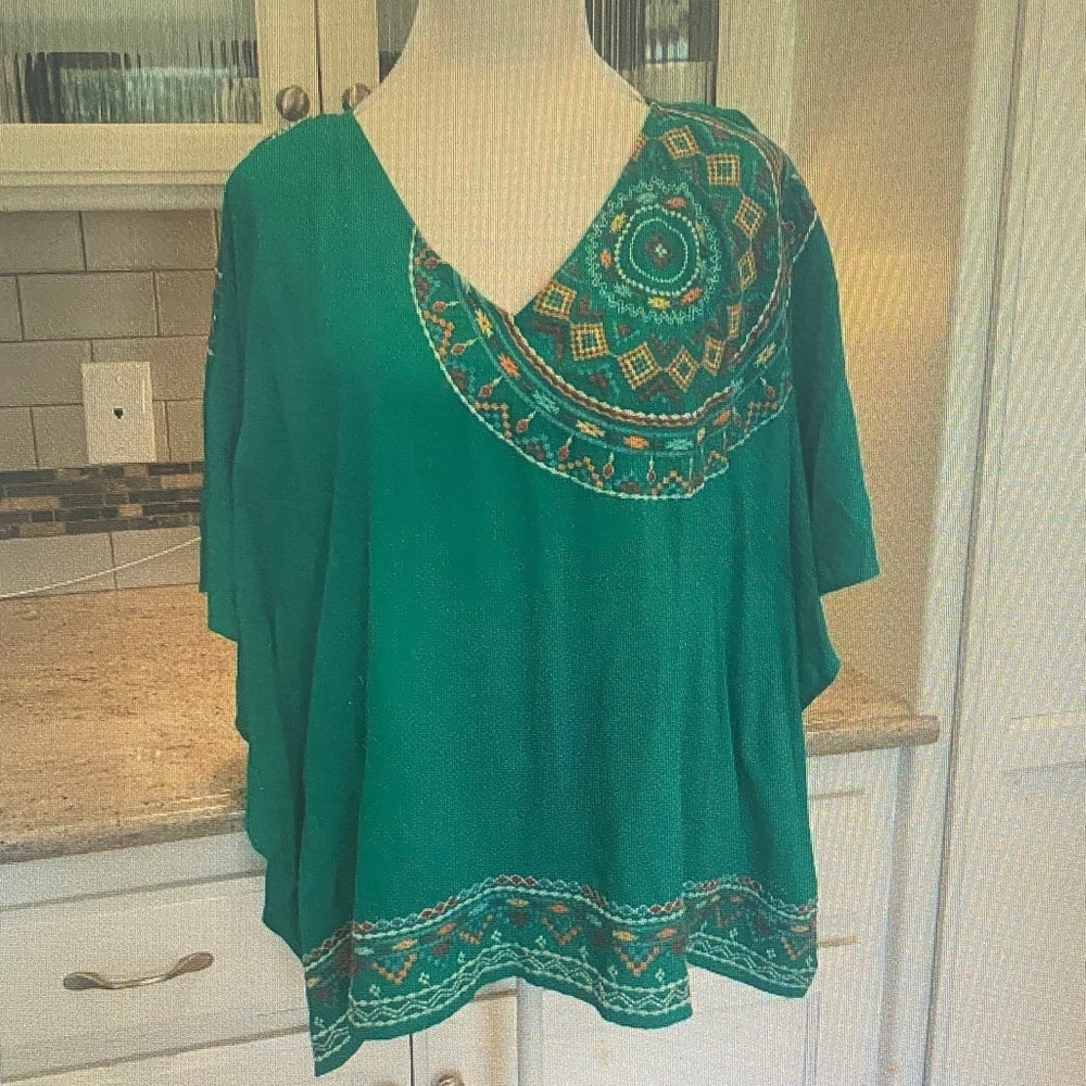 Green Embroidered V-Neck Women's Top